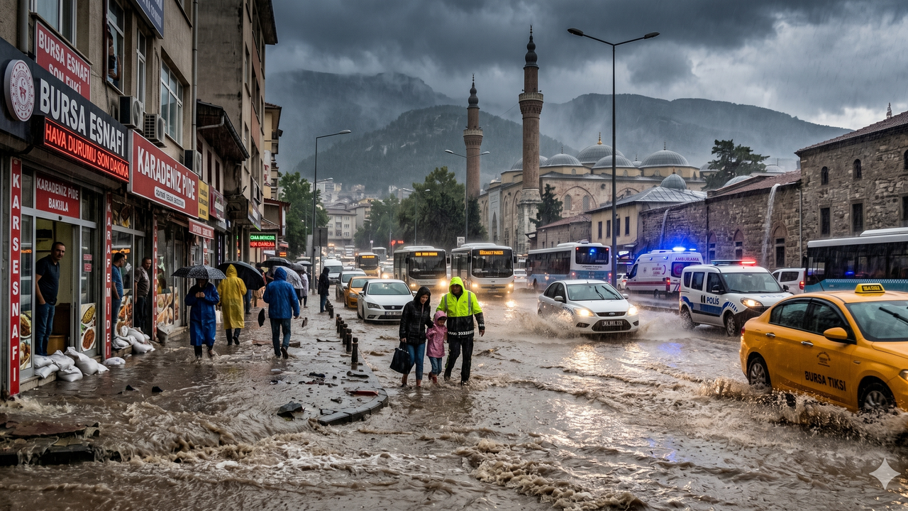 Bursa'da Kısa Süreli Sağanak Yağış Hayatı Olumsuz Etkiledi